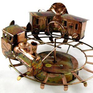 Vintage Train & Track Tin Wind Up Music Box Copper Color Plays King of the Road